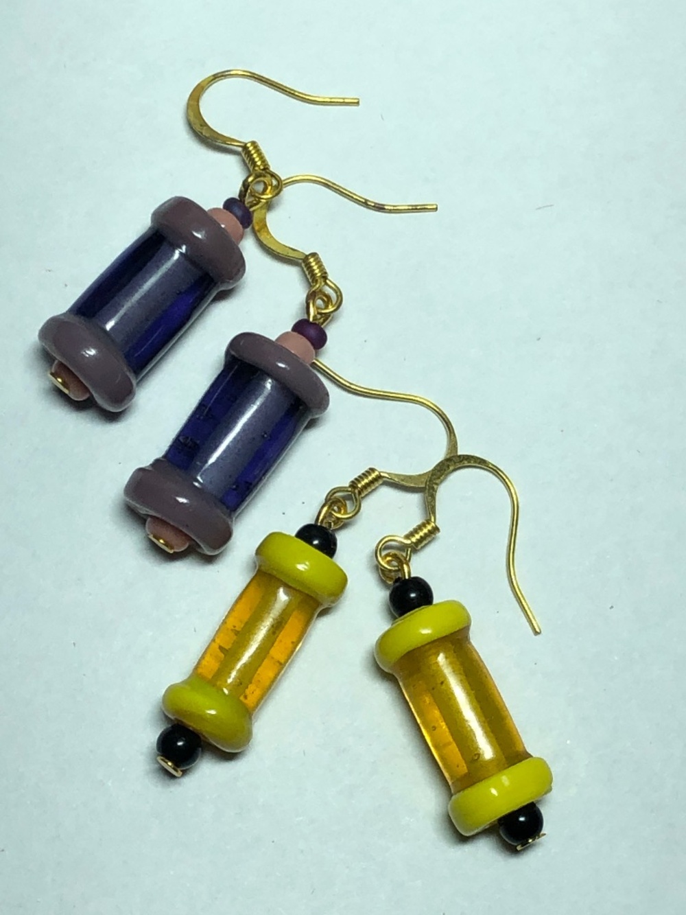 Purple yellow art glass bead earrings